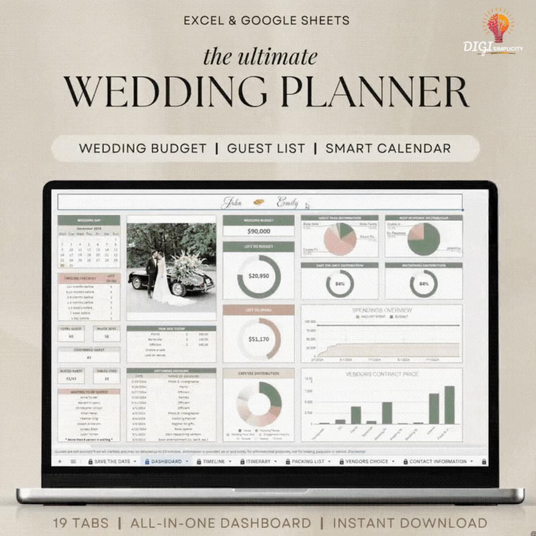 The Ultimate Wedding Planner Spreadsheet Google Sheets & Excel + BONUS