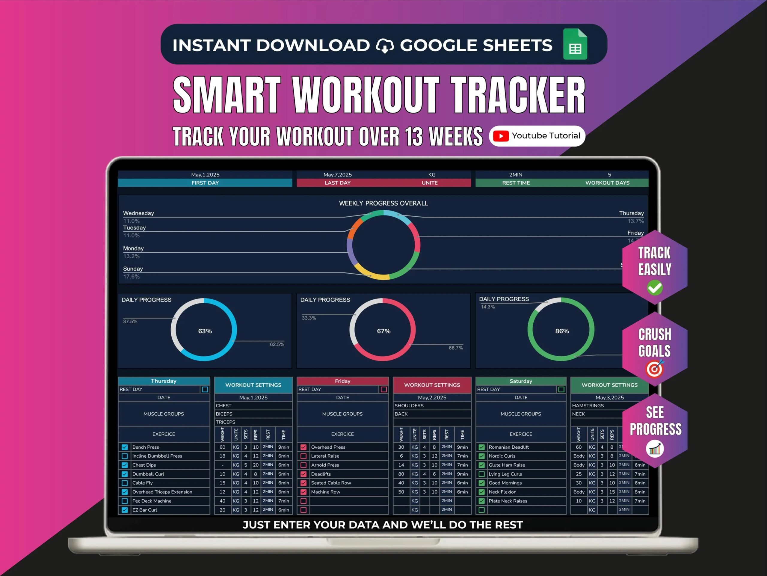 Workout Planner Google Sheets Dark Exercise Tracker Spreadsheet Fitness Template Gym Weightlifting Planner Training Progress Mentoring