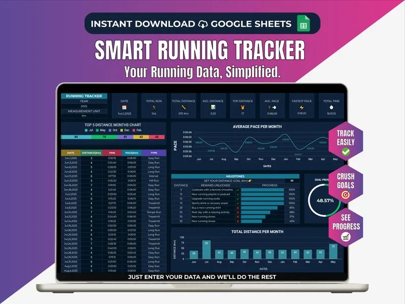 Running Tracker Spreadsheet Google Sheets Template Marathon Training Log Pace Calculator Running Journal Dark Tracker Cardio Workout Planner