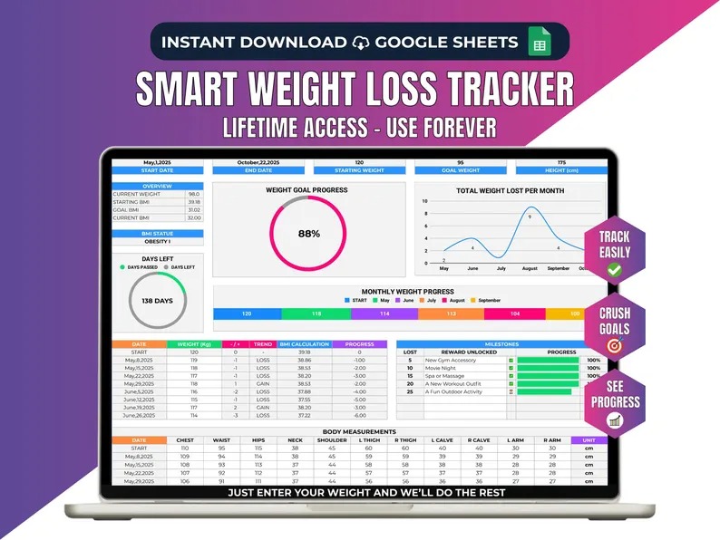 Weight Loss Tracker Spreadsheet White Weight Loss Planner Weekly weight watchers Body Measurement Log Weight Journal Template